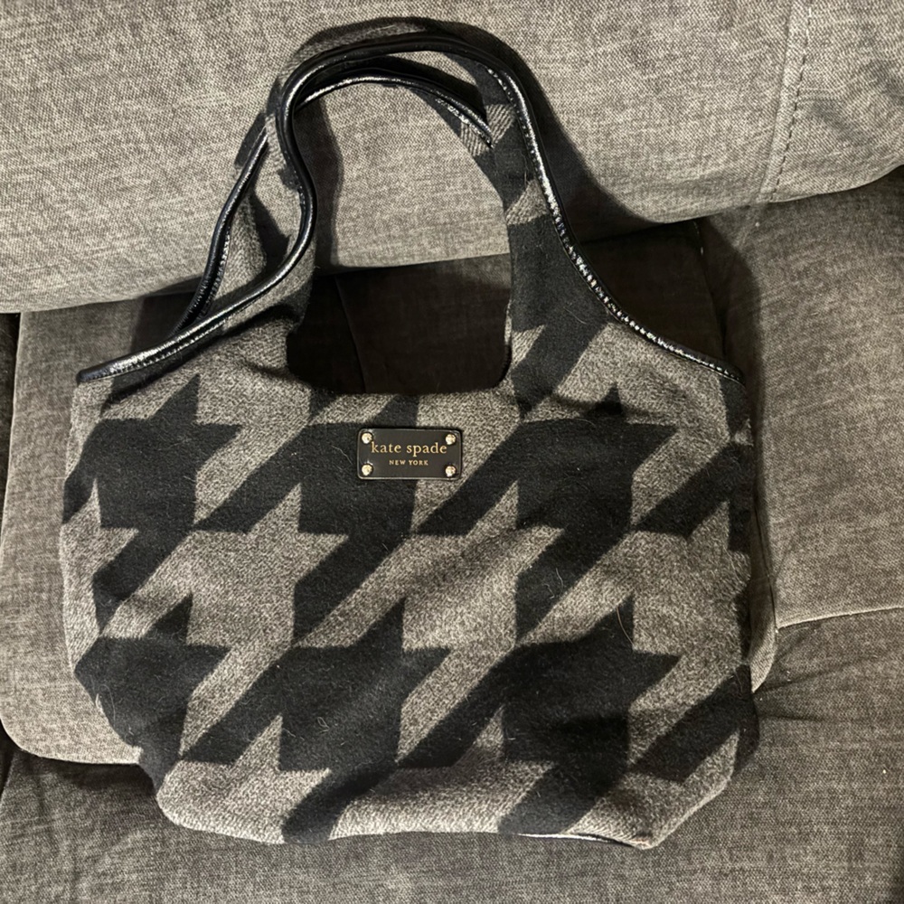 kate spade Black & Gray Houndstooth Wool Tote with patent leather tr
